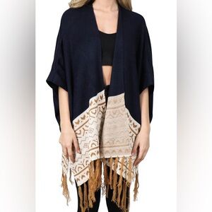 ENTRY Navy and Tan Fringe Poncho/ Open Cardigan